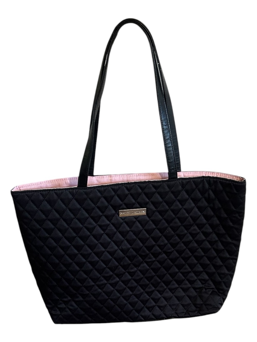 Ralph Lauren Black Quilted Tote with Pink Interior-11.6 in x 16.7 in